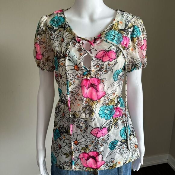 Vintage 79’s Peasant Blouse With Retro Neon Flowers - Picture 1 of 4